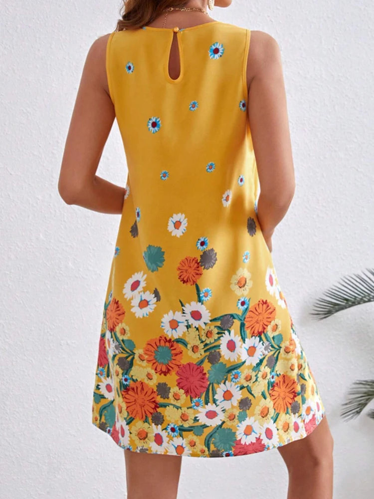 Fashion temperament women's positioning floral print sleeveless round-neck dress, summer women's back keyhole button dress