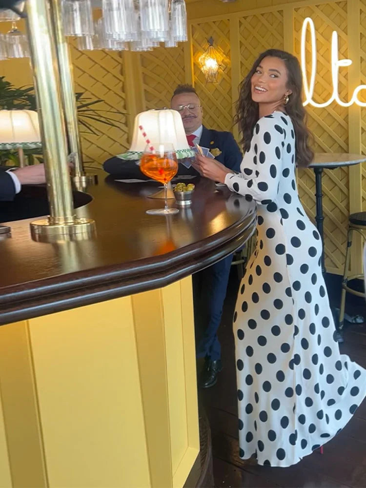 Black Dots Dress Long Sleeve  Art Modern Maxi Dress Long Sleeve High Neck Street Wear Print Bohemia Long Robe Gift 2025