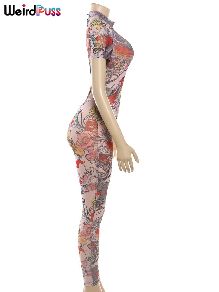 Weird Puss Serpentine Jumpsuit Women See Through Backless Short Sleeve Sexy Fit Summer Workout Overalls Stretch Button Clubwear