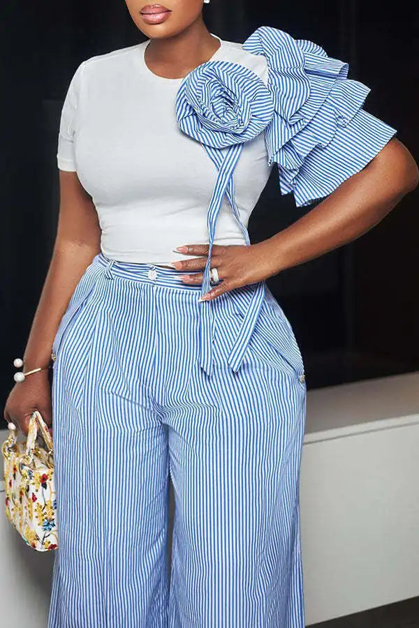 CM.YAYA Street Women's Set Short Sleeve T-shirt and Striped Floral Splicing Romper Wide Leg Pants Elegant Two 2-Piece Set Outfit