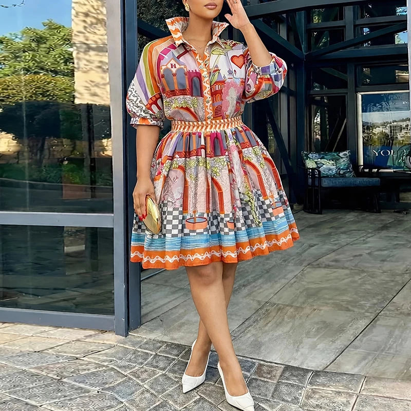 Printed Summer Puff Sleeve Top And Skirt Set for Women