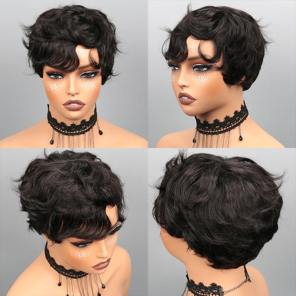 Pixie Cut Wig Human Hair Wig for Black Women Short Bob Wig Short Layered Pixie Cut Wigs Glueless Wig with Bangs