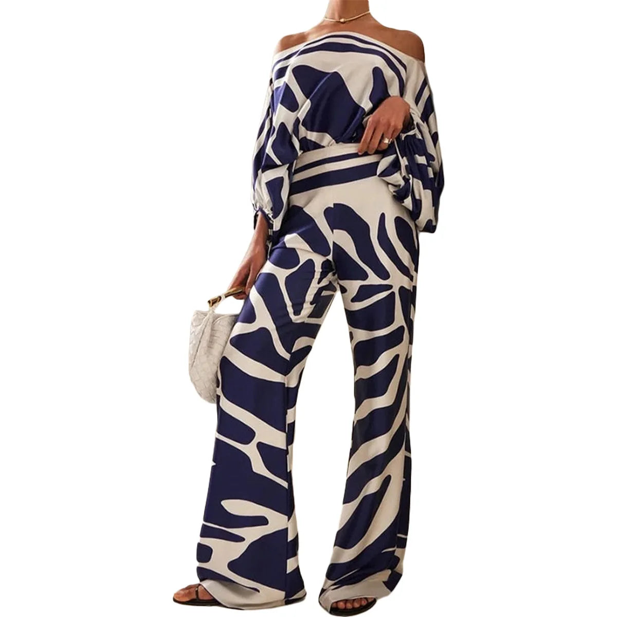 CM.YAYA Women Set Full Batwing Sleeve Slash Neck print Top + Wide Leg Pants Summer Street Two 2 Piece Sets Sexy Outfit Tracksuit