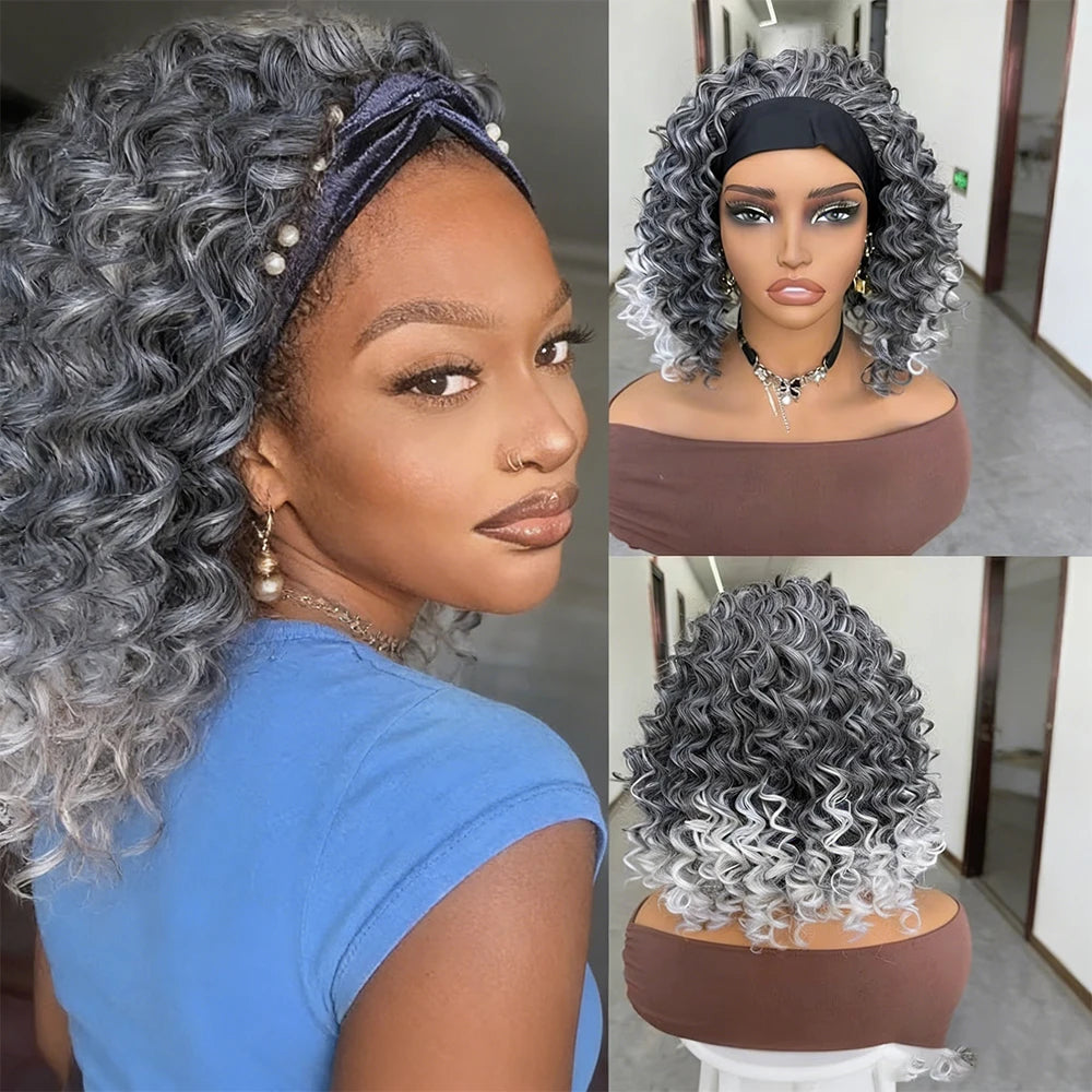 Fluffy Short Wavy Headband Wig In Gray To White Ombre for Women