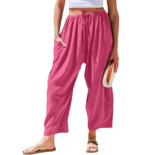 Loose Wide Leg Pants Women's Clothing Elastic Waist Pleated High Waist Casual Cotton Linen Solid Color Trousers Pants
