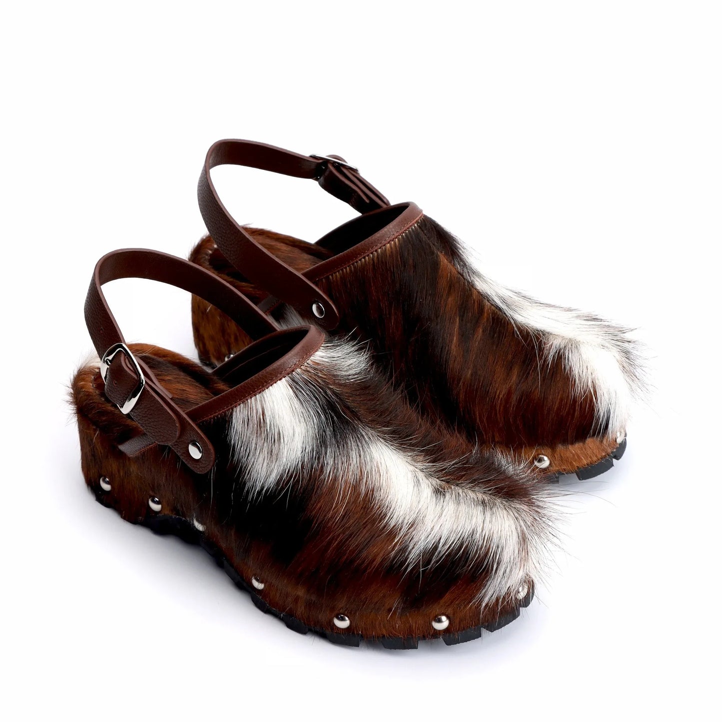 Women's Platform Fur Clogs with Arch Support, Adjustable Strap, Natural Calf Hair Mules,Studded Cowboy Style Vintage Sandals