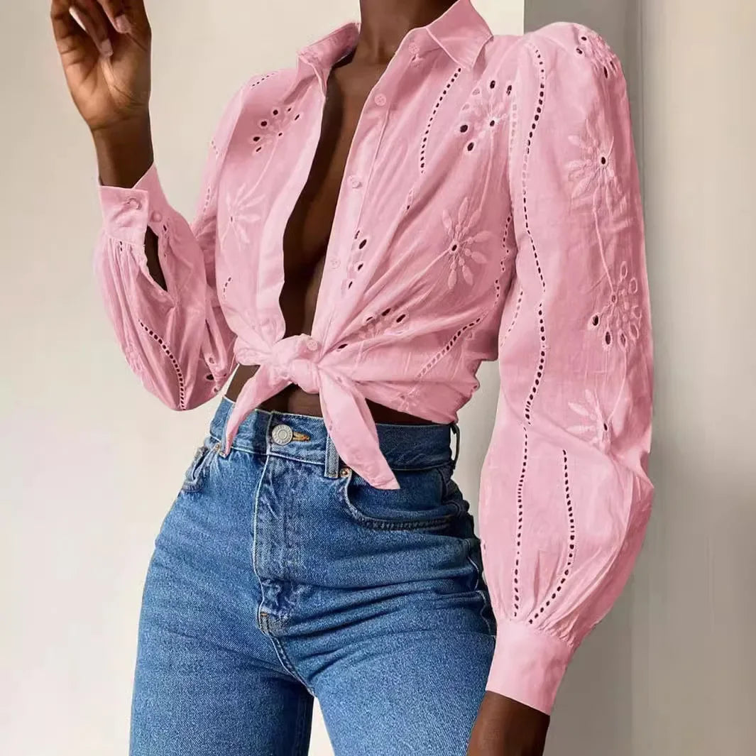 Sexy Pink Women Tops Single Breasted Solid Color Long Sleeved Collar Cardigan Shirt for Female Streetwear 2024 Autumn/Winter New