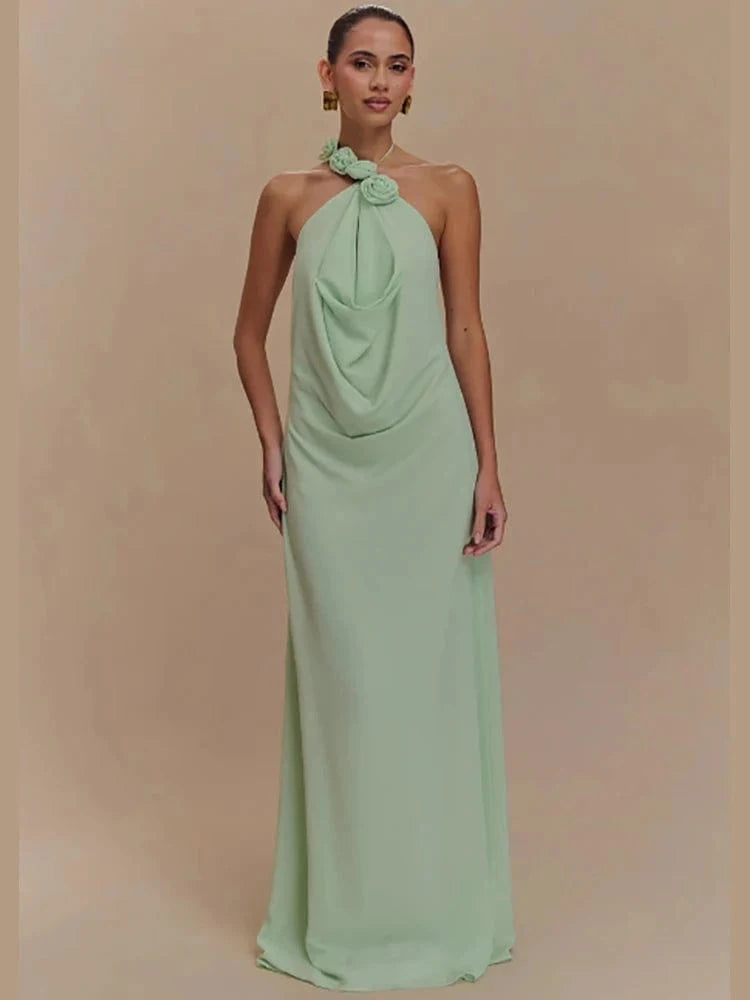 Women's Elegant Mint Green Halter Neck Maxi Dress Rose Embellishment Flowy Silhouette High-quality Fabric for Prom Evening Party