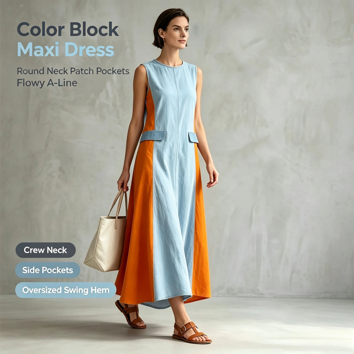 Blue Orange Color Block Round Neck Sleeveless Maxi Dress for Women
