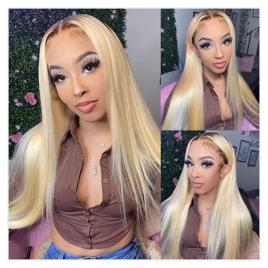 13x6 Lace Frontal Wig Brazilian Straight Full Lace Human Hair Wig 2 Tone Dark Root 1B 613 Ombre Blonde Lace Front Wigs for Women