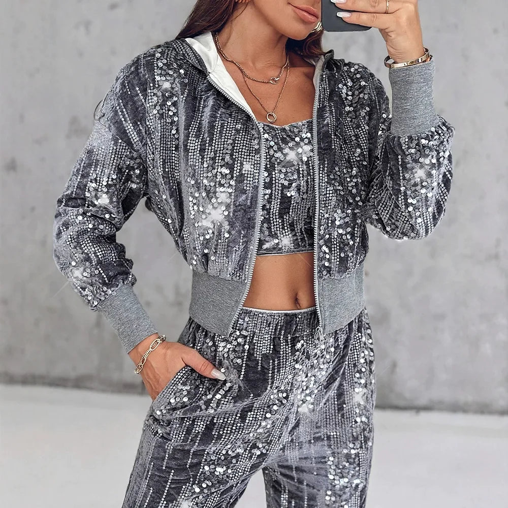 Fashion Sequin Jacket Women Clothing Hooded Y2k Casual Velvet Contrast Daily Long Sleeve Zip Up Coats for Female Streetwear