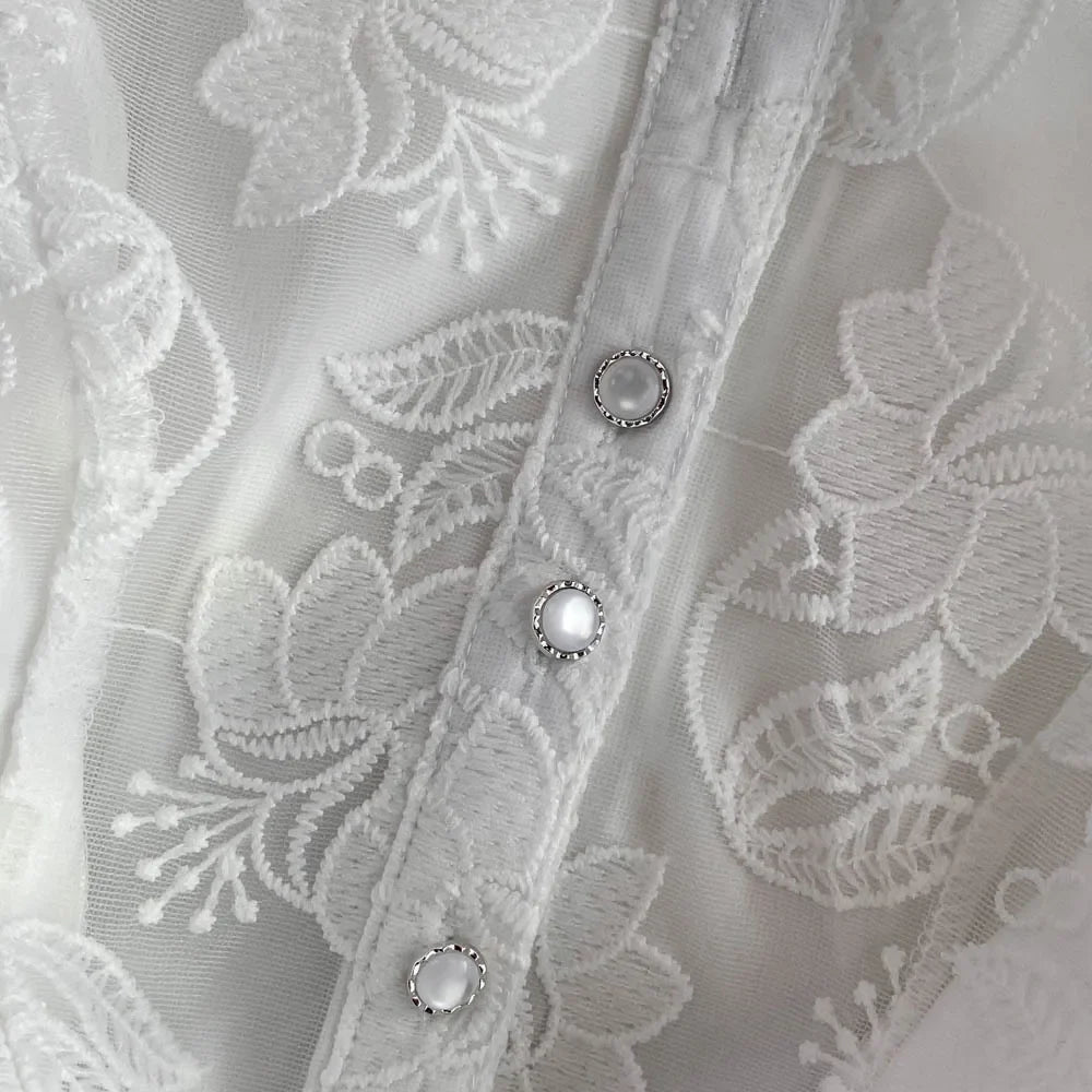 Vintage Elegant Lapel Single-Breasted White Embroidery Puff Sleeve A- Line Cake Dress Cross-Border Summer 2022