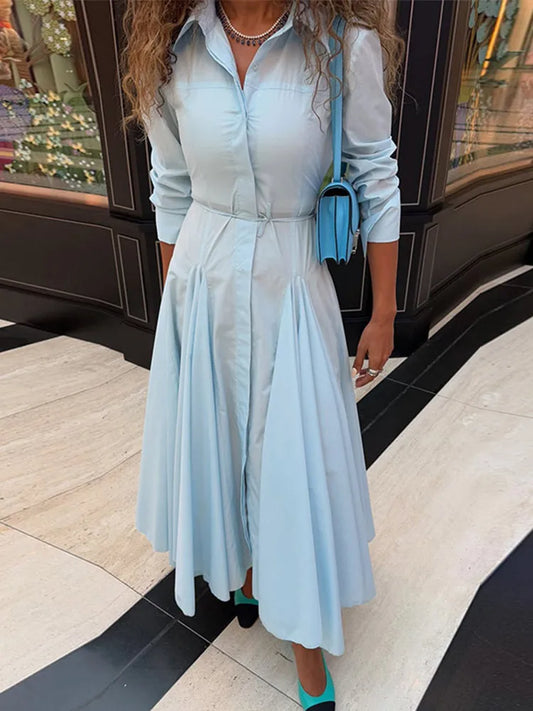 Solid Women's Casual Pleated Long Dress Fashion Lapel Full Sleeve Button Maxi Dress Lady 2025 Early Autumn Chic Street Robes