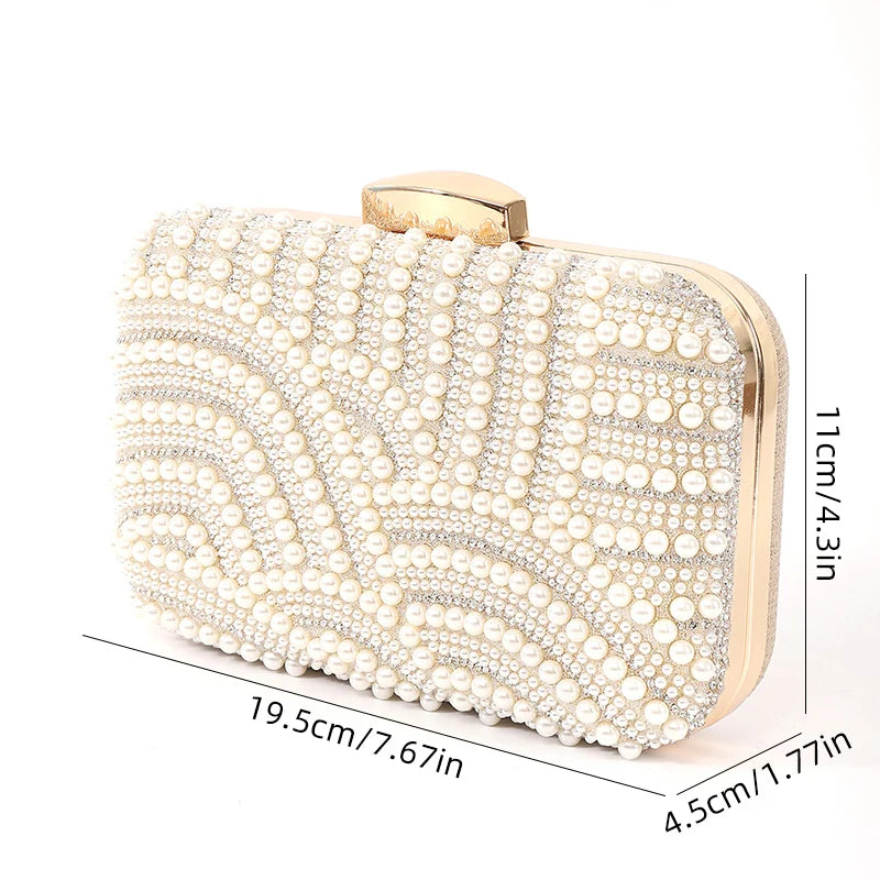 Ladies Pearl Elegant Evening Bag Fashionable Stylish Beading Wedding Dinner Party Banquet Dress Clutch Bag with Long Chain