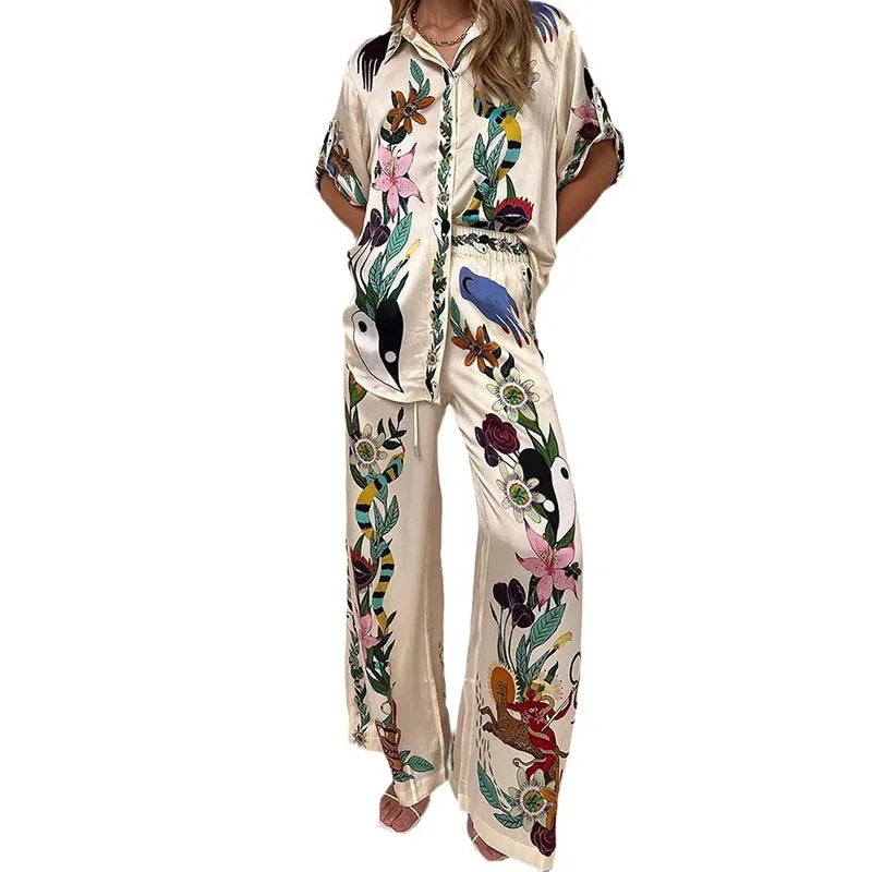 Long Sleeve Long Pant Sets Women Retro Lapel Single Breasted Blouses Trousers 2 Piece Set Printed Color-blocking Elastic Waist