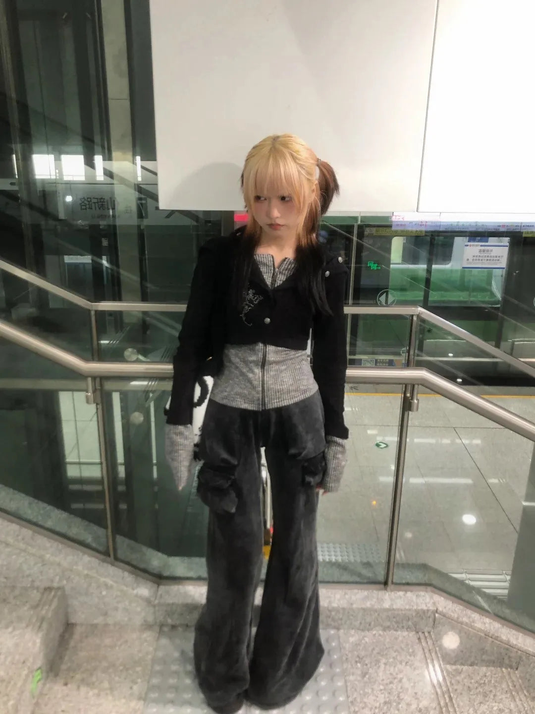 Karrram Japanese Y2k Fake Two-piece Knitted Tops Trashy 2000s Hooded Jacket Vintage Harajuku Knitwear Grunge Aesthetics American