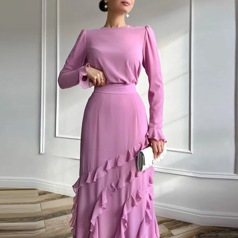 2025 Spring Fall Solid 2pc Set Elegant Slim Design Suit Banquets Fashion Women's O Neck Long Sleeved Top + Ruffled Skirt Outfit