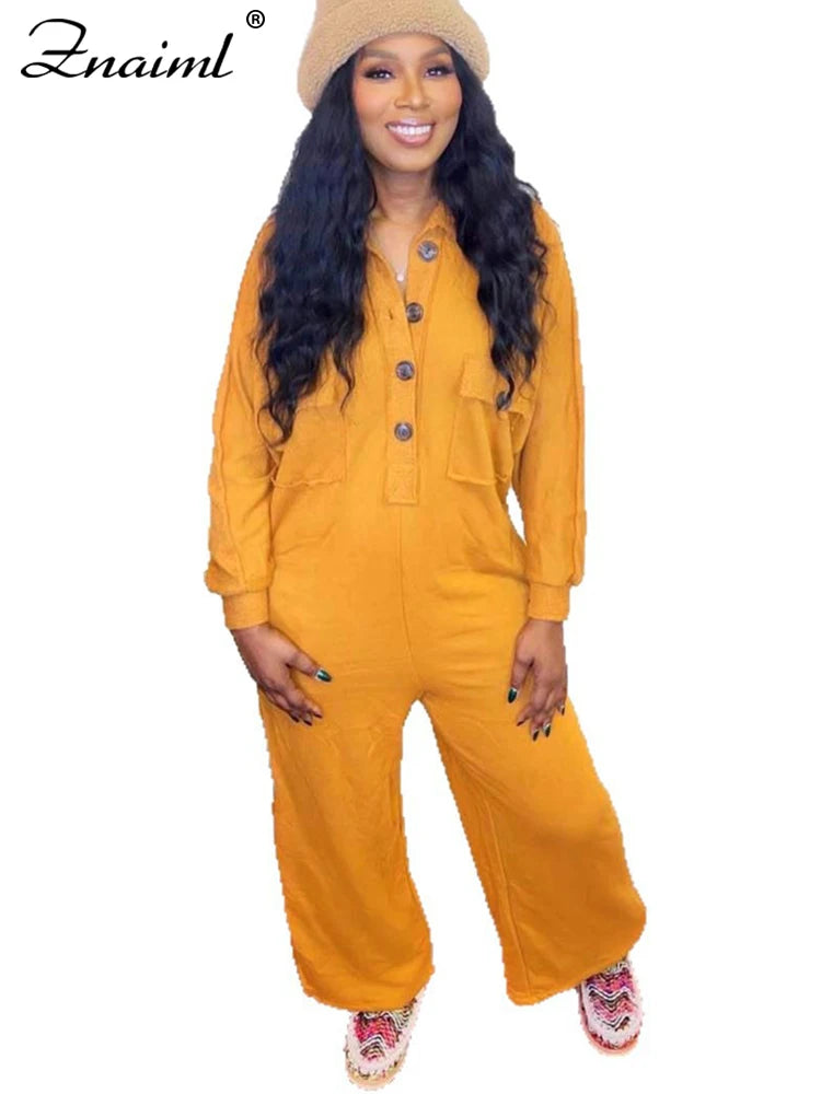 Znaiml Women's Long Sleeve Pocket Jumpsuit Casual Loose Wide Leg Pants Orange Shirt Rompers One Piece Autumn Streetwear Outfit