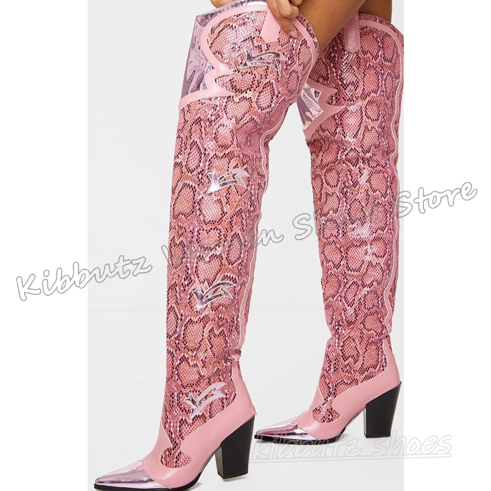 Embroidery Over The Knee Boots Cowboy Slip-On Pointy Chunky Heels Mixed Color Fashion Elegant Concise Novelty Women Shoes Newest