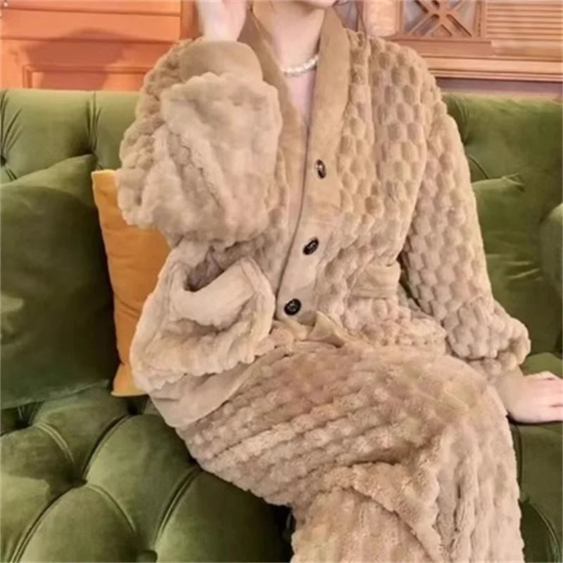 5XL Stripes Women's Flannel Cardigan Home Fur Solid Color Loose Coral Velvet Pajama Set Autumn/Winter Pants Two Piece Suit Red