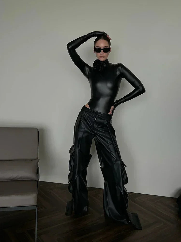 Women Faux Leather Bodysuits Long Sleeve High Neck Slim Jumpsuits Ladies Sexy Stretch Bodycon Bodysuits Party Clubwaer Custom