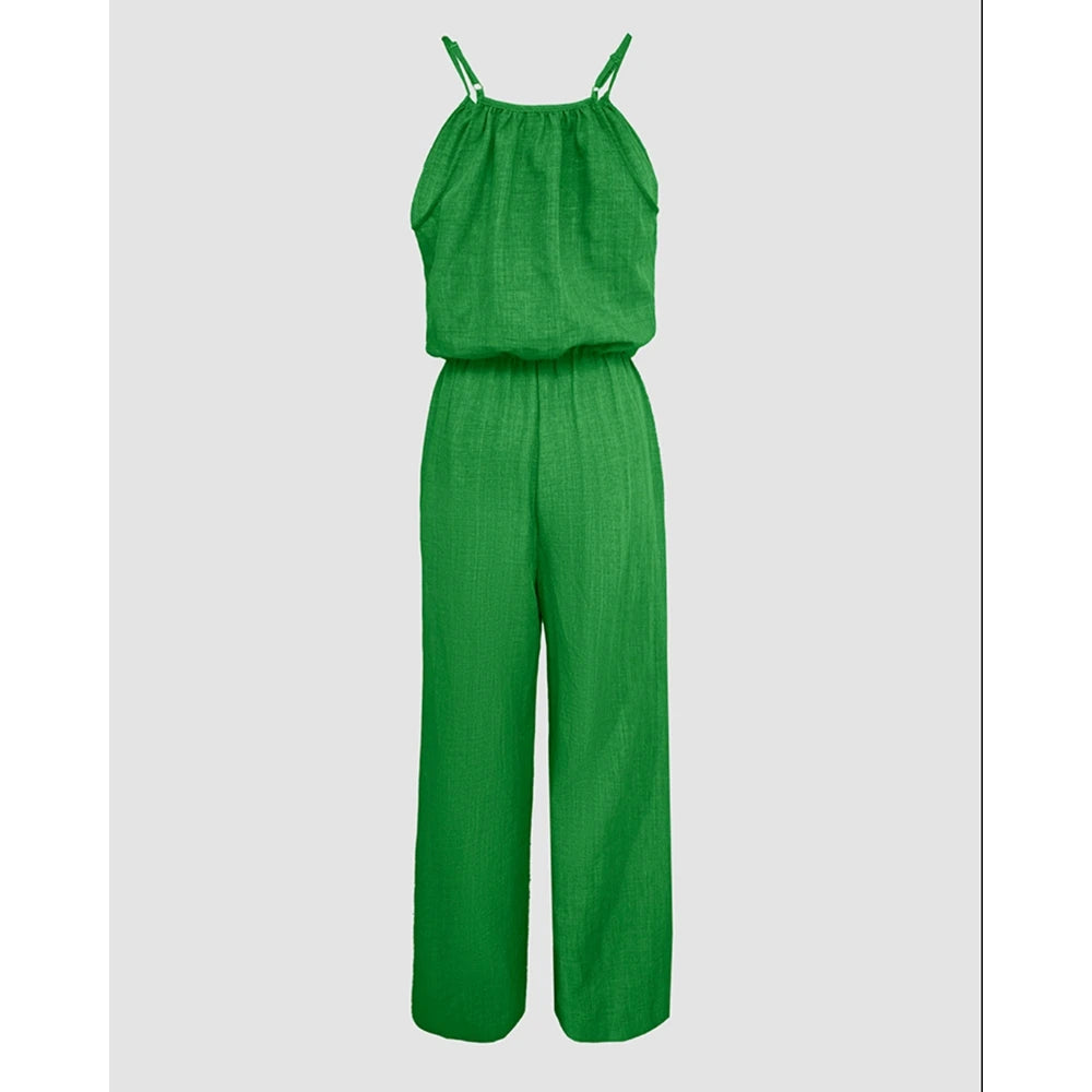Women Solid Color Round Neck Wide Leg Straight Overalls Summer Spaghetti Strap Drawstring Waist Casual Black Jumpsuits