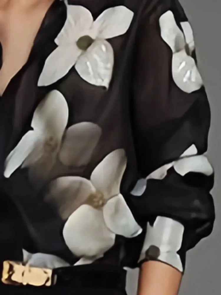 Beauty Blue Women's Elegant Blouses&shirts Floral Printed Tops Casual Long Sleeves Button Chic Loose Female Lapel Office Shirts