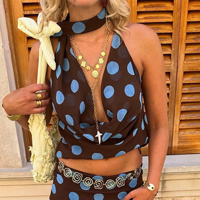 Polka Dot Halter Chic Crop Top And Skirt Set for Women