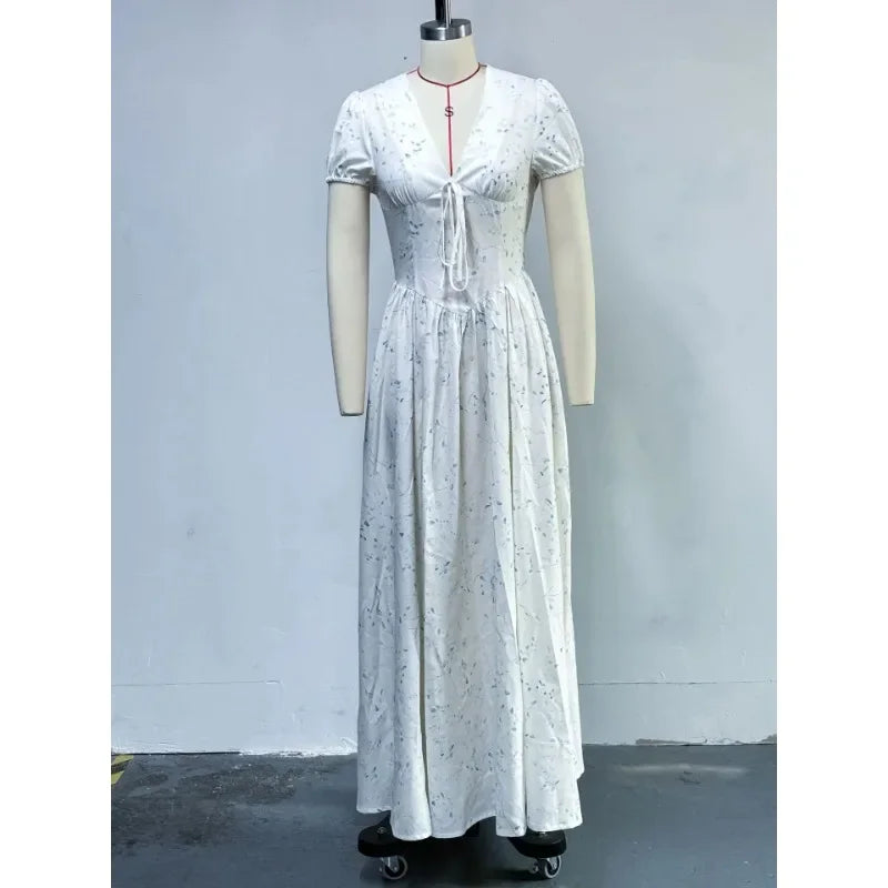 Women Short Sleeve Print V-neck Elegant Long Pleated Dress 2025 Sweet Holiday Beach Evening Sexy Party Dresses Vestidos