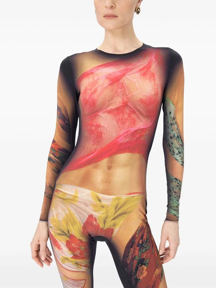 Weird Puss Colorful Print Jumpsuit Women Sexy o-Neck Full Sleeve Skinny Peach Hip Hot Girls Street Fashion Wild Style Overalls