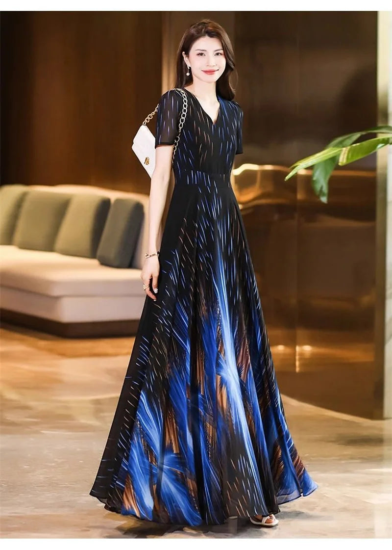 Pendant Sense Dress for Women Summer 2024 New Fashion High end, Elegant Slim and Waist Up V-neck Chiffon Dress Long Dress 4XL