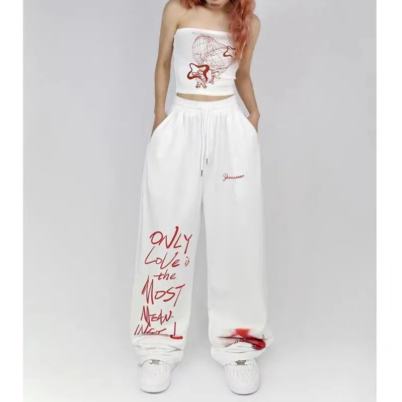 Black White Drawstring Design Sweatpants Women High Street Hip-hop Wide Leg Pants Women New Summer All-match Long Trousers