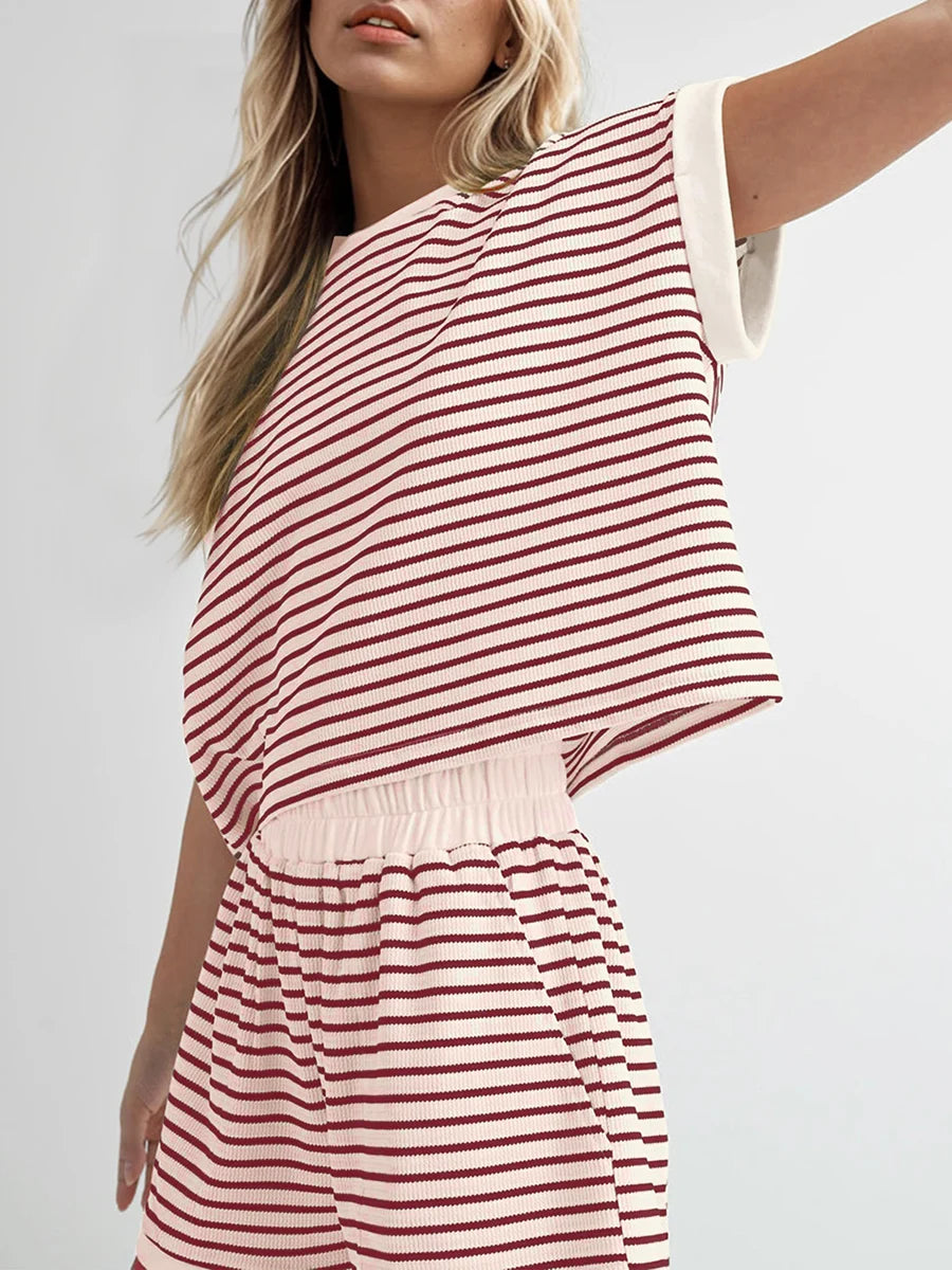 Women’s Casual 2 Piece Outfits Summer Short Sleeve Stripes Print Tops + Elastic Waist Shorts Set Loungewear for Sports Work Out