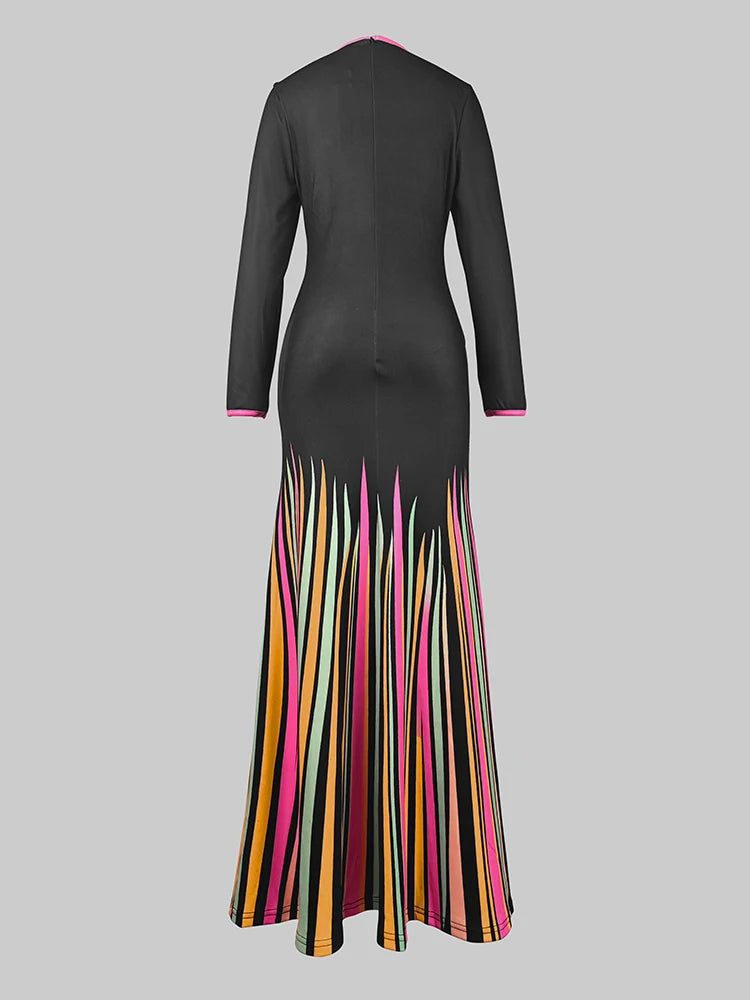 2025 Ladies Bodycon Dress V-neck Long Sleeves Colorful Striped Evening Dresses for Women High Waist Pleated Dress