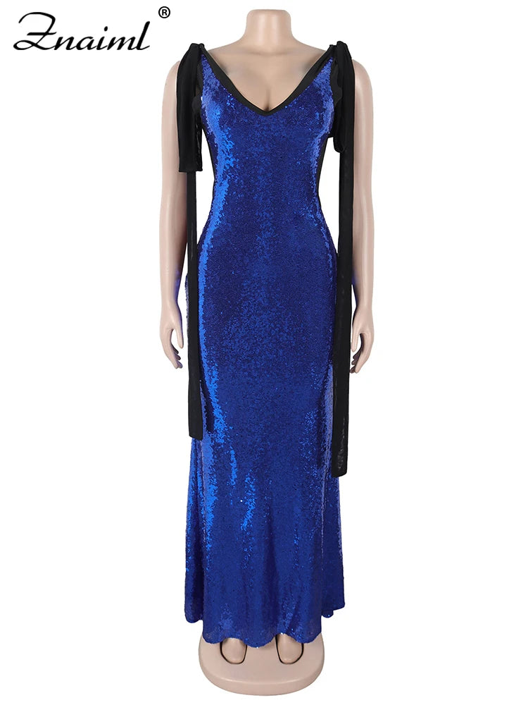 Znaiml Women Elegant Cocktail Prom Long Blue Dress Luxury Sequin Sleeveless Bandage Wedding Gown Evening Formal Party Vestidos