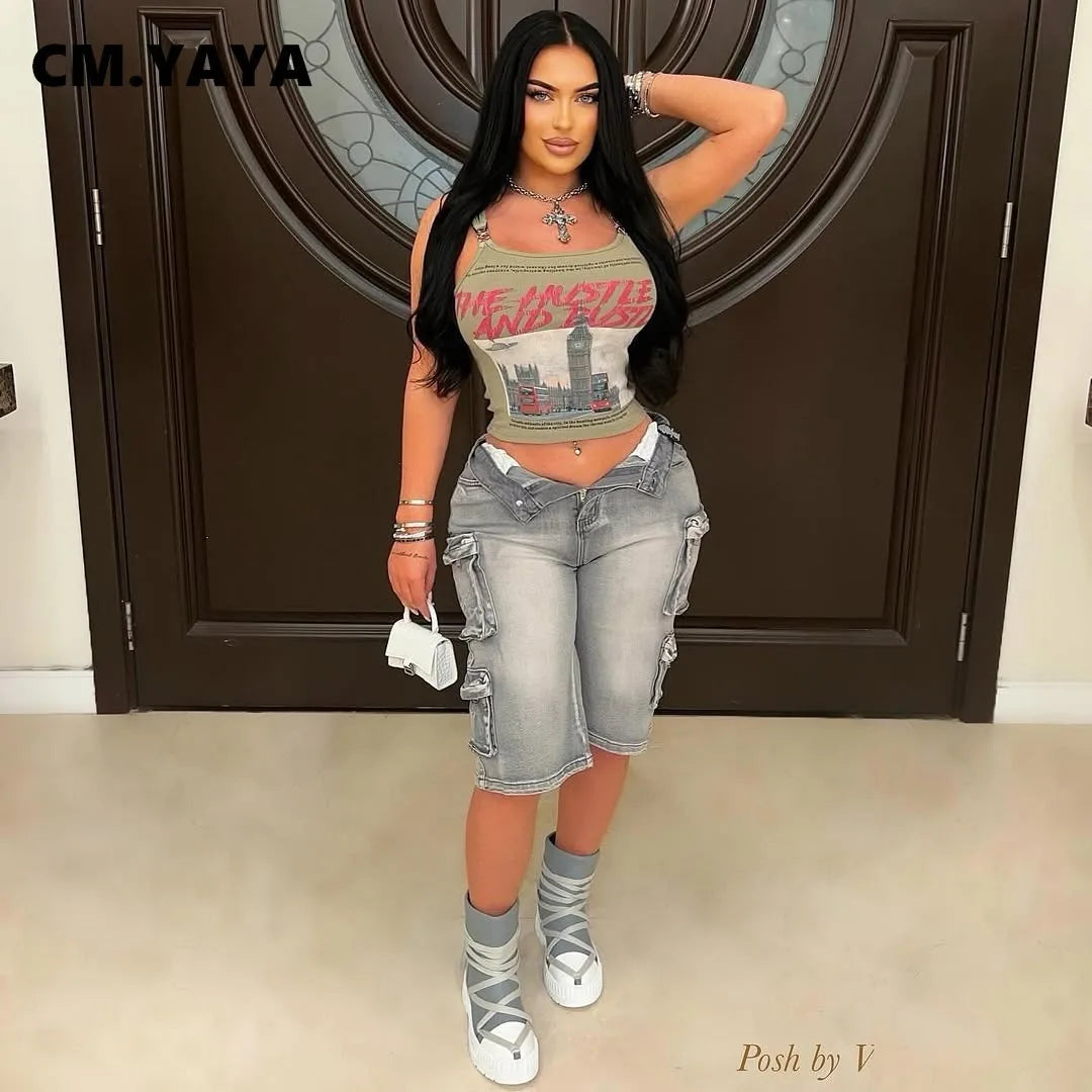 CM.YAYA Women Straight Washed Denim Knee Length Cargo Pants 2025 Summer Multi Pocket Street Casual Wide Leg Jeans Trousers