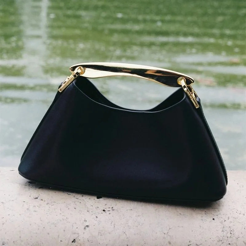 Luxury Texture Women's Bag Lychee Pattern Metal Handle Shoulder Bag Evening Clutch Bag Fashion Designer Half-moon Crossbody Bag