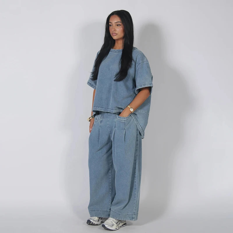 Oversized O Neck Casual Denim Two Piece Set for Women