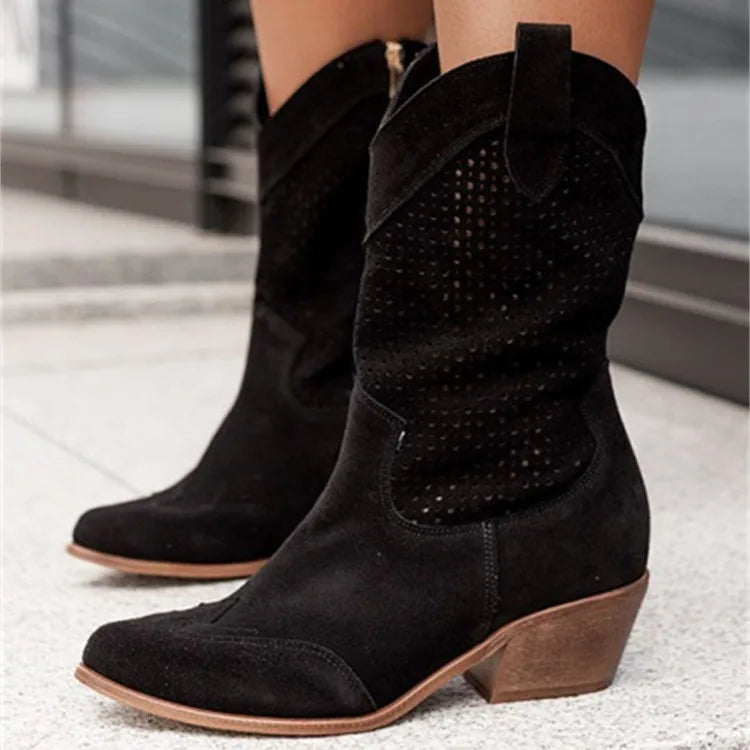 Floral Print Suede Round Toe Med Wedge Boot for Women