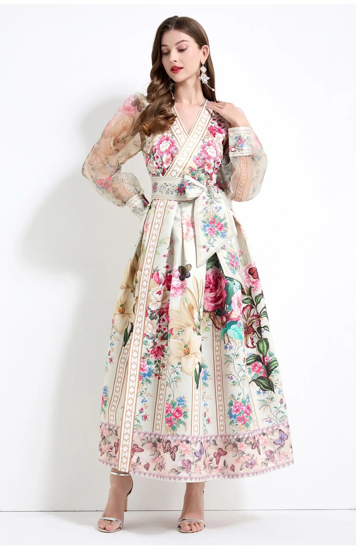 Retro Court Style V-Neck Lace Lantern Sleeve Belted Waist Design Large Print Dress Floral Print Women's Dress Fashionable Gown