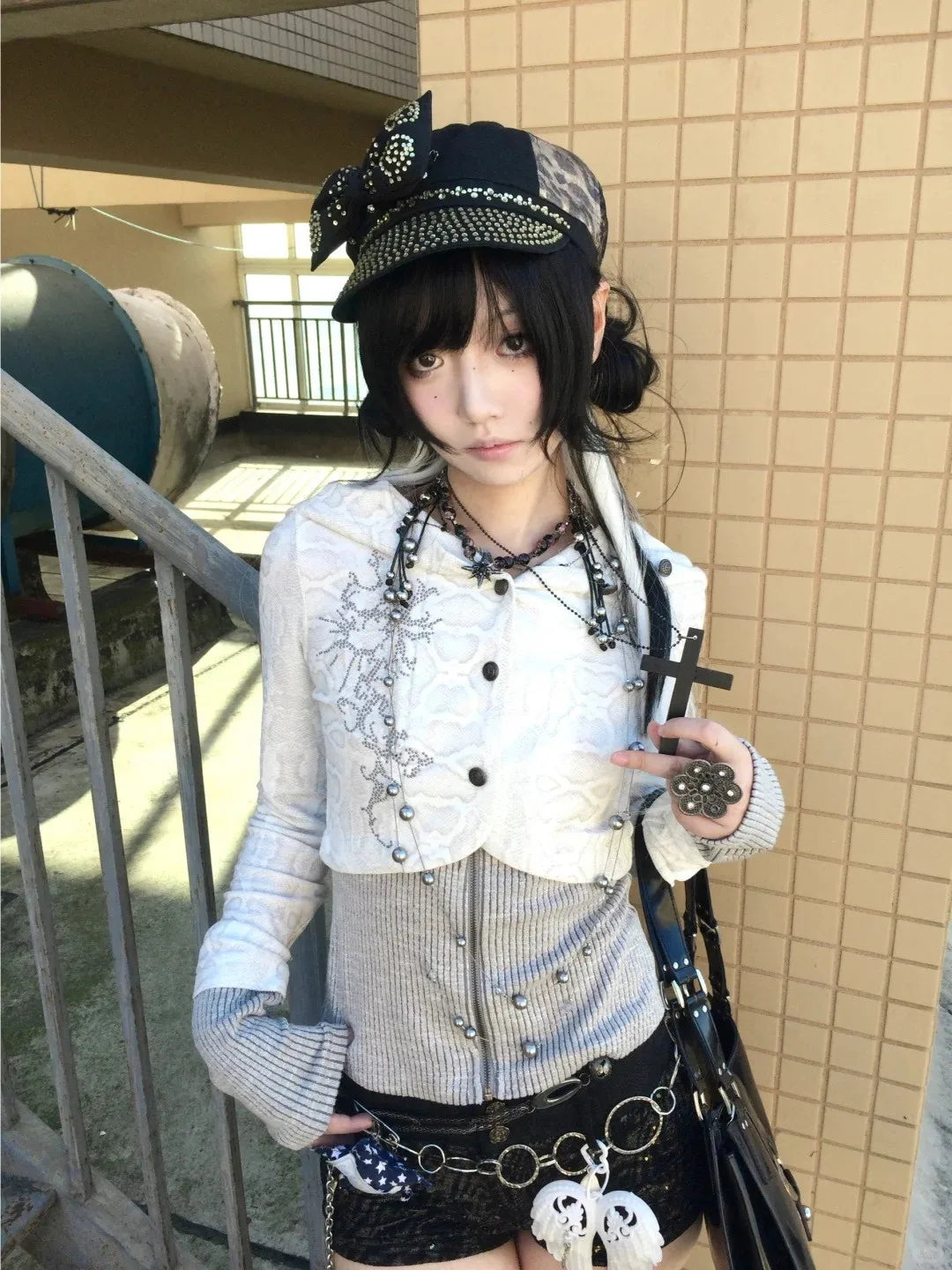Karrram Japanese Y2k Fake Two-piece Knitted Tops Trashy 2000s Hooded Jacket Vintage Harajuku Knitwear Grunge Aesthetics American