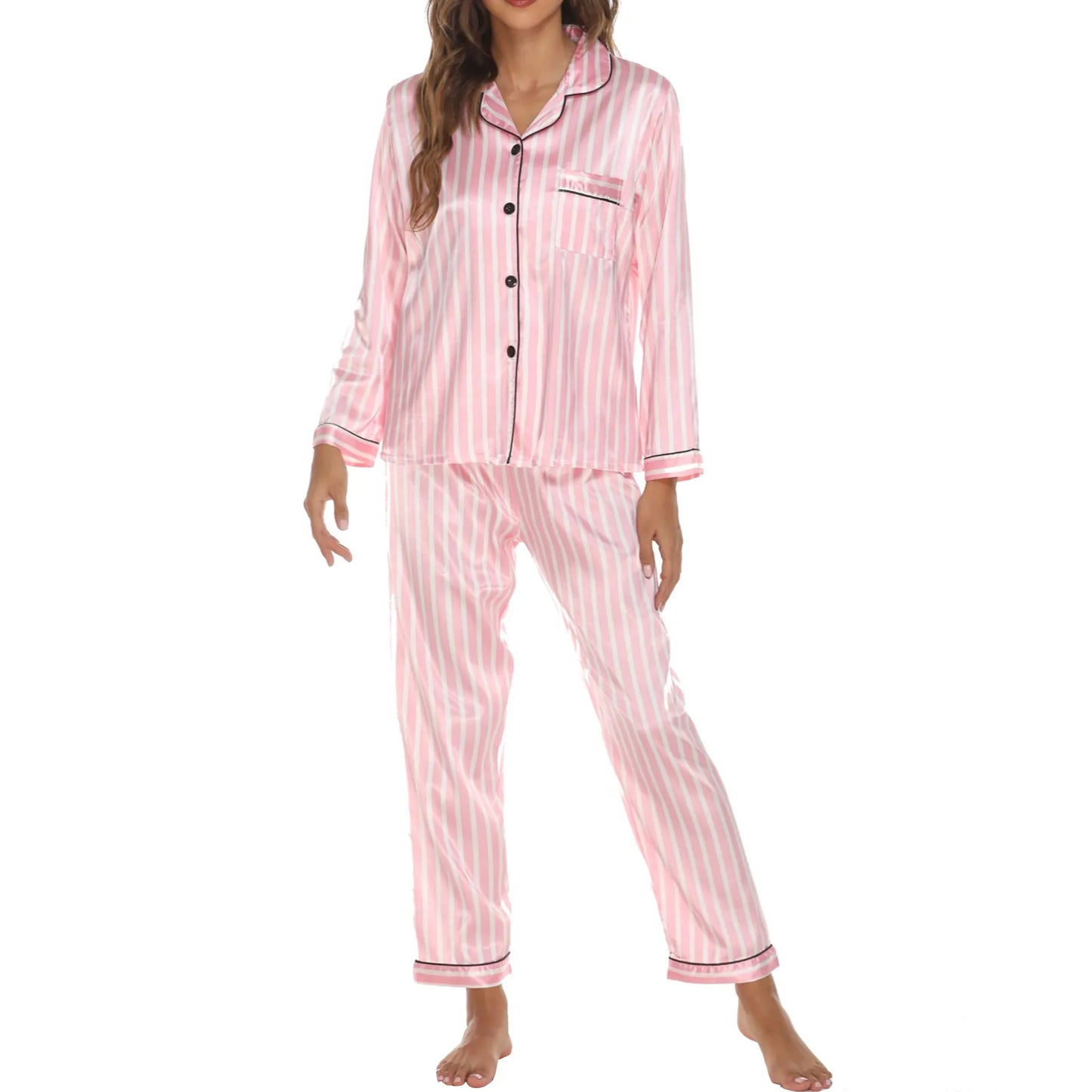 Women 2 Pieces Satin Pajamas Set Spring Autumn Long Sleeve Button Up Shirt and Casual Loose Elastic Pants Sleepwear Loungewear