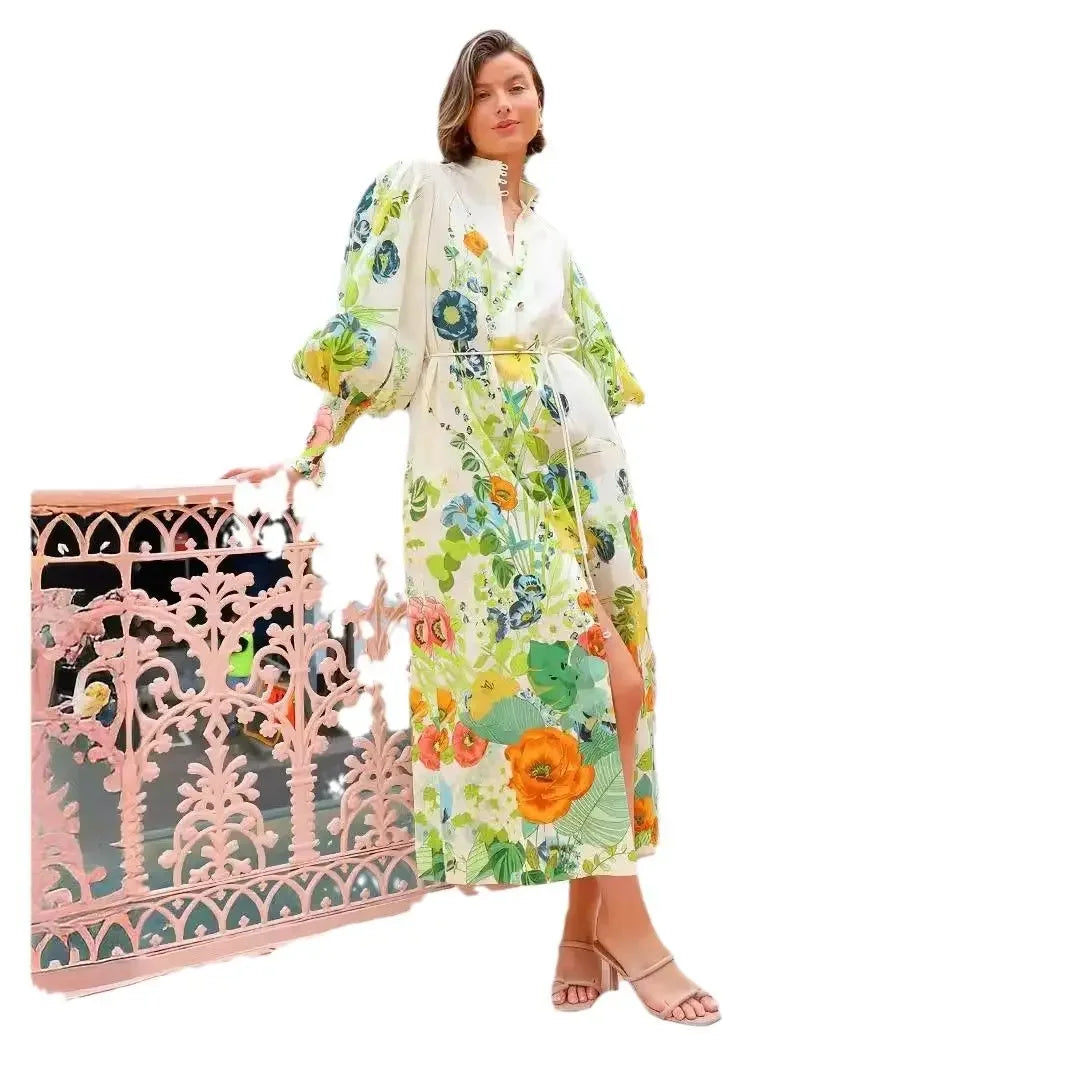 Waist-Cinching Long Lantern Sleeve Printed Dress with Belt Single Button Closure Independent Station Cross-Border Hot Sale Of Th