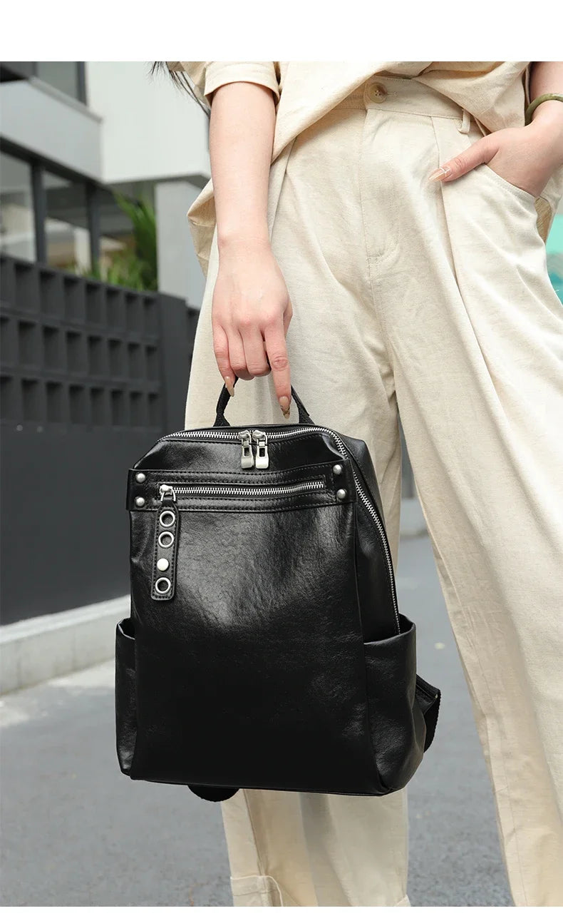 Women's Natural Cow Leather Backpacks Lady Cowhide Design Large Capacity Bags Female Retro Fashion Versatile Backpacks Ladies