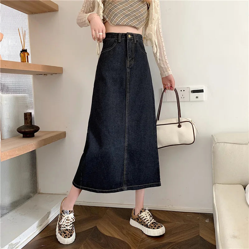 New 2022 Spring-Autumn Medium-Length Denim Skirt For Women High-Waisted Slimming Plus Size Curvy Girls A- Line Hip Covering Skir