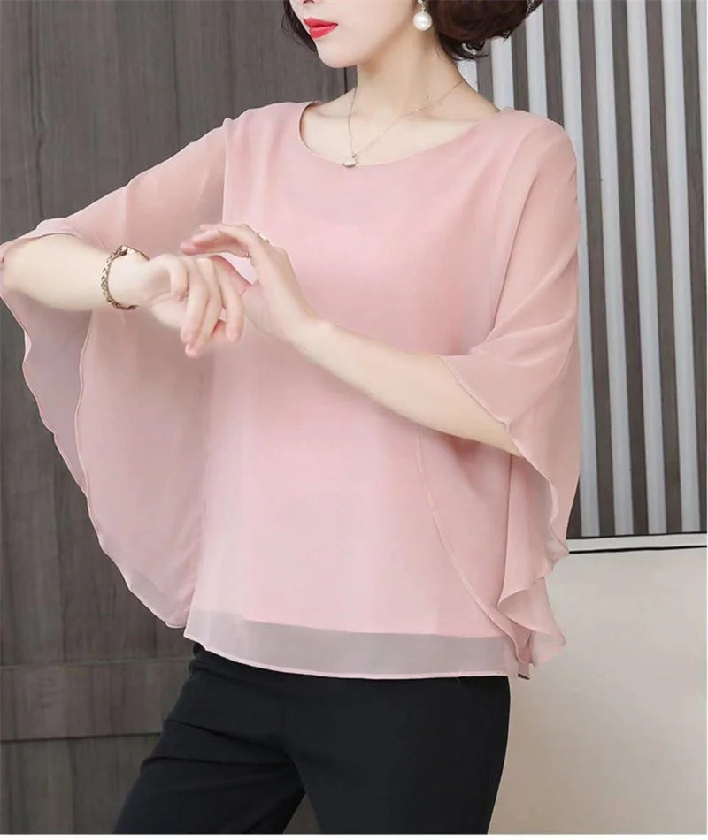 4XL Bat Shirt Summer Women's Loose T-shirt Small Shirt 2025 Spring/Summer Large Wrinkle Resistant And Elegant chiffon Top Green
