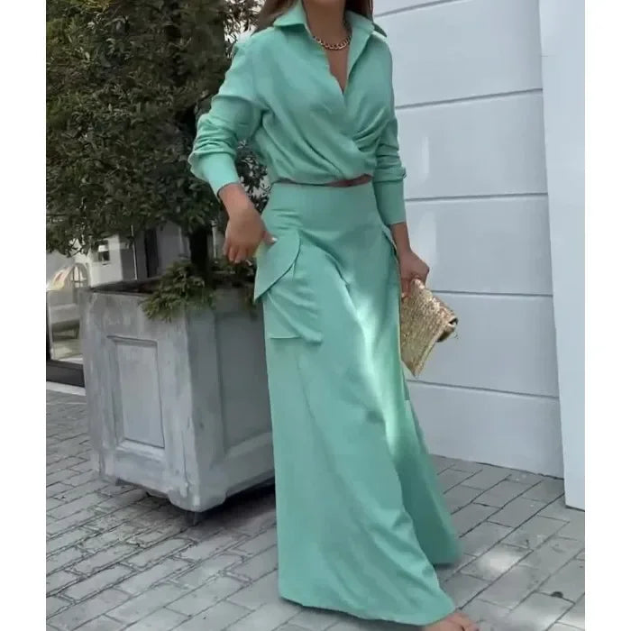 2 Piece Set Women Clothes Elegant Commute Long Sleeve Top & High Waist Wide Leg Pants Fashion Suit for Female 2025 Summer New