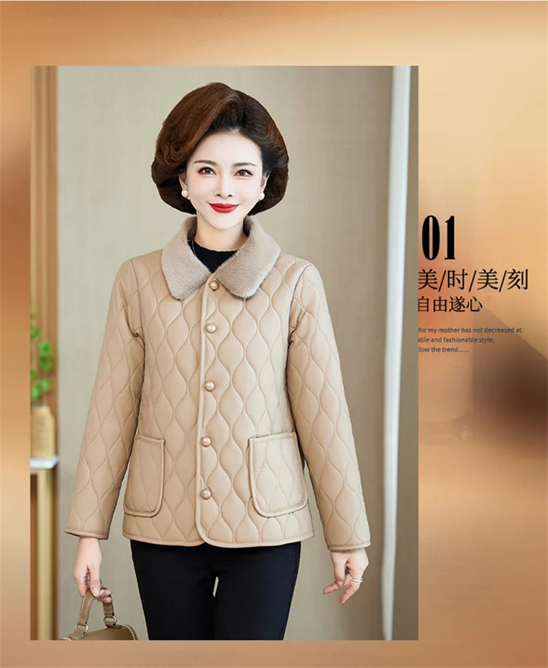 Winter Plush Jacket Winter Mom's Fashion Plus Size Loose Thick Fur Collar Coat For Mid-Aged Women With Velvet Warm Quilted Coat