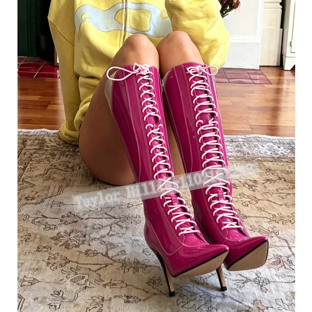 Rose Pink Patent Leather Knee High Stiletto Boots for Women