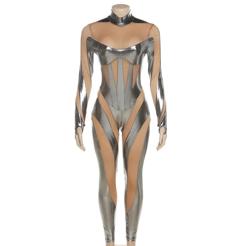 Metallic Striped Patchwork Mesh See Through Nightclub Jumpsuit Women Long Sleeve Skinny Party Birthday Outfit One Pieces Romper